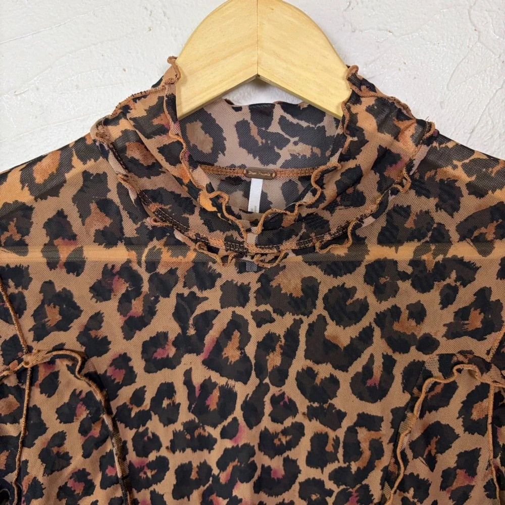 Free People Leopard Mesh Top Women L Sheer Mock Neck Ruffle Animal Print Indie